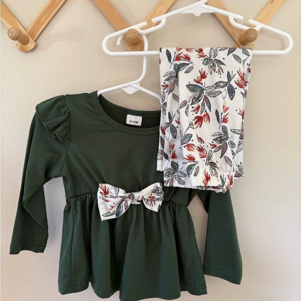 Green Long Sleeve Top with Floral Pants Set